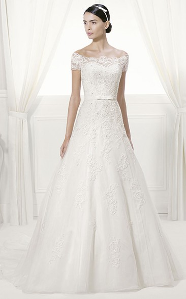 Off Shoulder Short Sleeve Appliqued Tulle Bridal Gown With Sequins