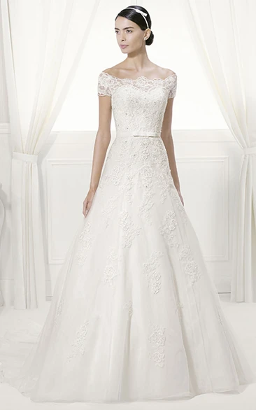 Off Shoulder Short Sleeve Appliqued Tulle Bridal Gown With Sequins