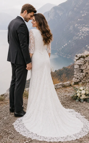 Country Style Vintage Modest Bohemian Lace Wedding Gown With Long Sleeves