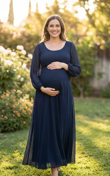 Dark Navy Maternity Formal Dress with Scoop Neck, Long Chiffon Sleeves & Flowing A-Line Skirt