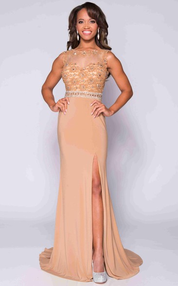 Jersey Sleeveless Side Slit Prom Dress With Beaded Lace Bodice