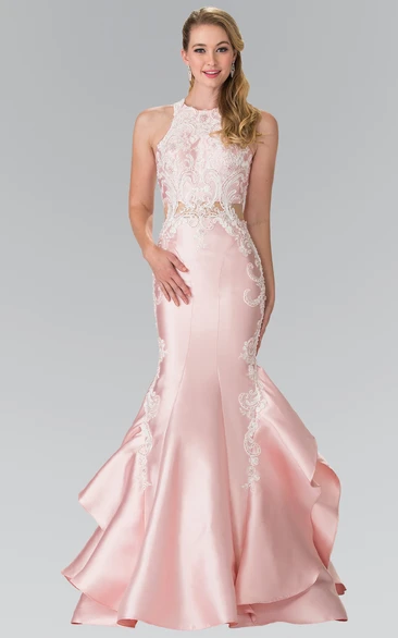 Mermaid Long Jewel-Neck Sleeveless Satin Dress With Appliques And Draping