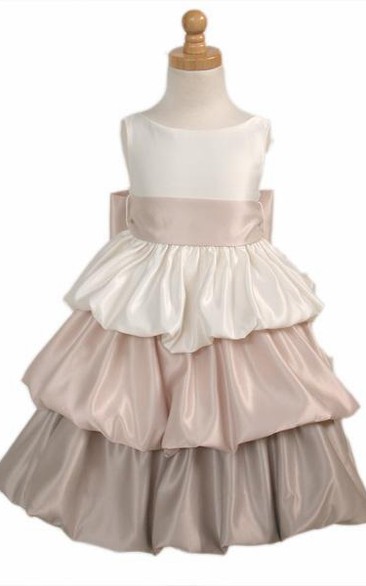 Tea-Length Sleeveless Tiered Satin Flower Girl Dress