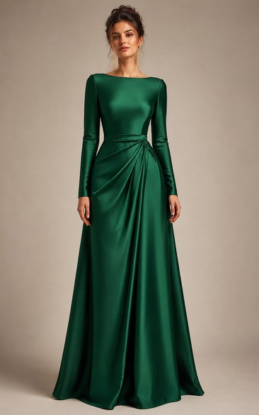 Satin Evening Dress in Dark Green, Bateau A-Line Floor-Length Gown with Drape and Pleats