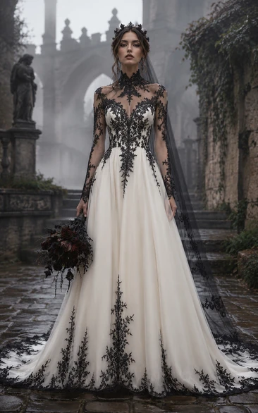 Ivory Black Gothic A-Line Lace Wedding Dress