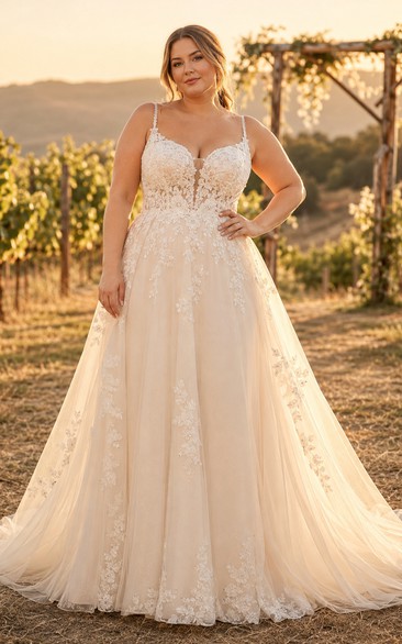 Plus Size Country Spaghetti Strap Lace A-Line Wedding Dress with Low Back