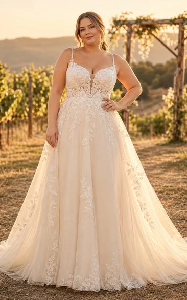 Brautkleid im Landhausstil mit Spaghettiträgern, A-Linie und tiefem Rückenausschnitt in großen Größen, aus Spitze und in verschiedenen Größen