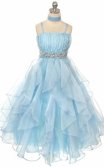 Cape Tiered Empire Pleated Organza Flower Girl Dress With Sash