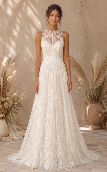 Modest A-Line Wedding Dress Sleeveless High Neck Tulle Lace Applique Floor Length Chapel Train Ivory
