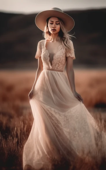 Lace V-neck Short-sleeve Flowy Boho Tulle Country Wedding Dress