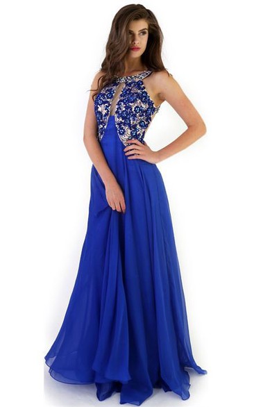 A-Line Sleeveless Floor-Length Crystal Scoop Chiffon Prom Dress With Backless Style And Pleats