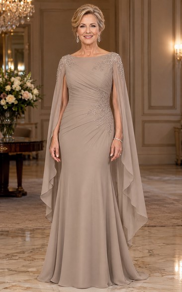 Taupe Cape Sleeve Sheath Mother of the Bride Dress with Beaded Lace Shoulders
