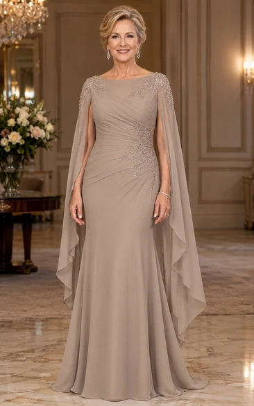 Taupe Cape Sleeve Sheath Mother of the Bride Dress with Beaded Lace Shoulders