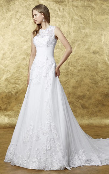 A-Line Appliqued Long Sleeveless Scoop Lace Wedding Dress With Keyhole Back And Court Train
