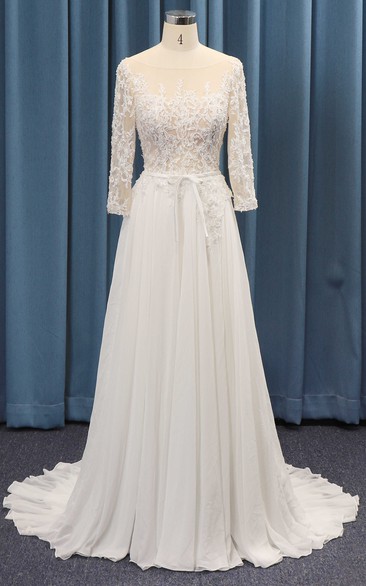 Adorable 3/4 Sleeve A-line Wedding Dress With Lace Top And Chiffon Ruched Skirt And Sash