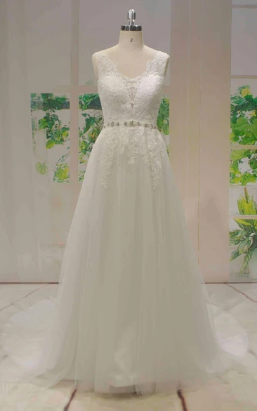 A-line Sleeveless Lace Tulle Wedding Dress With Beaded Sash And V-back With Buttons