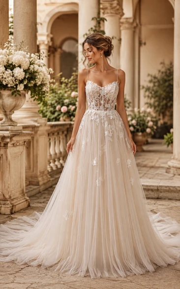 Ivory Spaghetti Strap Lace Tulle A-Line Wedding Dress