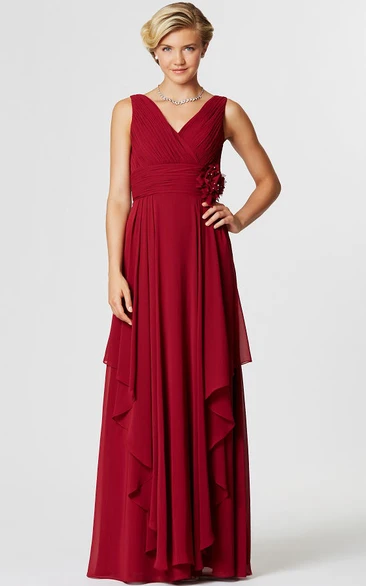 Maxi V-Neck Ruched Sleeveless Chiffon Bridesmaid Dress With Draping And Flower
