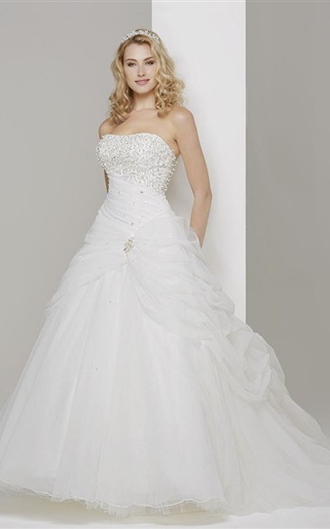 Ball Gown Maxi Pick-Up Strapless Sleeveless Tulle Wedding Dress With Beading