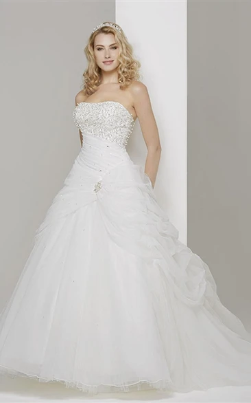 Ball Gown Maxi Pick-Up Strapless Sleeveless Tulle Wedding Dress With Beading
