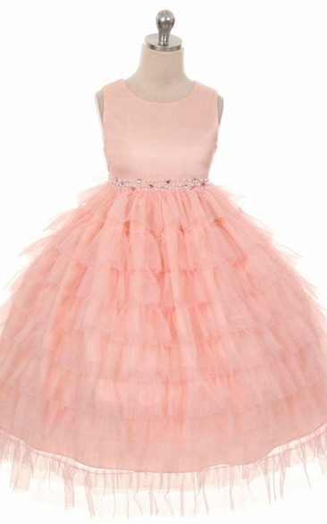 Tea-Length Beaded Tulle&Organza Flower Girl Dress With Ruffles