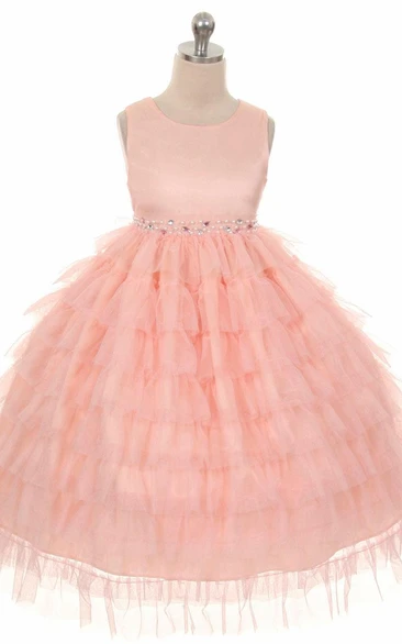 Tea-Length Beaded Tulle&Organza Flower Girl Dress With Ruffles