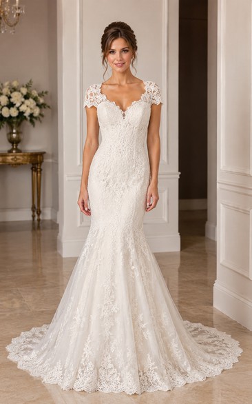 Cap Sleeve Lace Mermaid Wedding Dress with V-Neckline and Chapel Train