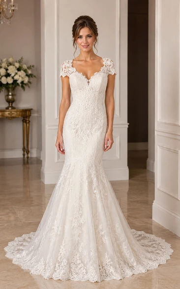 Cap Sleeve Lace Mermaid Wedding Dress with V-Neckline and Chapel Train