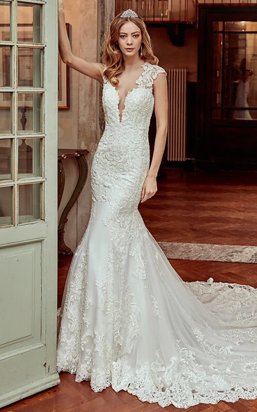 Cap-Sleeve Sheath Lace Wedding Dress With Brush Train and Open Back 