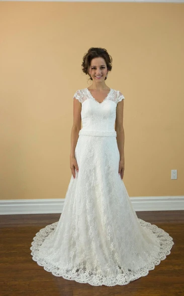 Cap Sleeve V-Neck Lace Dress With Illusion Back and Scalloped-Edge Hemline