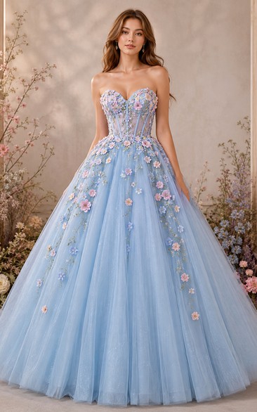 Ball Gown Lace Prom Dress with Strapless, Sleeveless and Appliques Flower, Floor Length