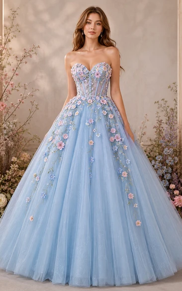 Ball Gown Lace Prom Dress with Strapless, Sleeveless and Appliques Flower, Floor Length