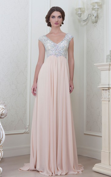 A-Line Cap-Sleeve Empire V-Neck Floor-Length Beaded Chiffon Evening Dress With Pleats