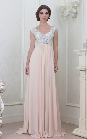 A-Line Cap-Sleeve Empire V-Neck Floor-Length Beaded Chiffon Evening Dress With Pleats