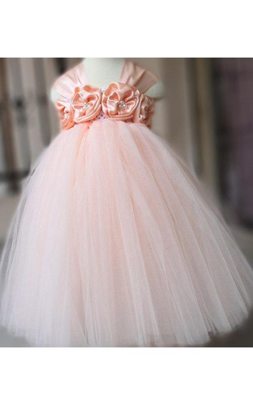 Cap Sleeve Empire Pleated Tulle Ball Gown With Flowers and Bow