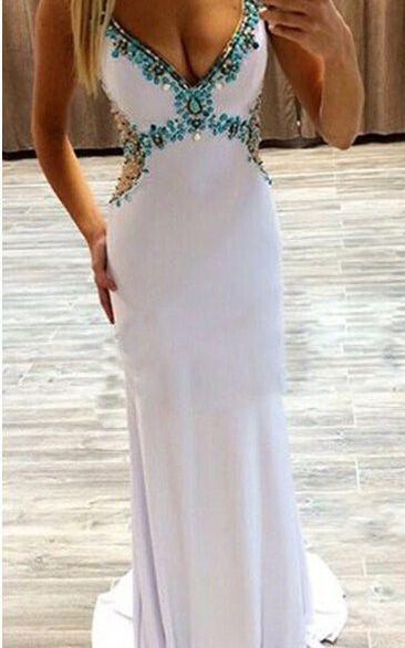 Glamorous Beadings Crystal V-Neck Evening Dress Sleeveless Long Party Gowns