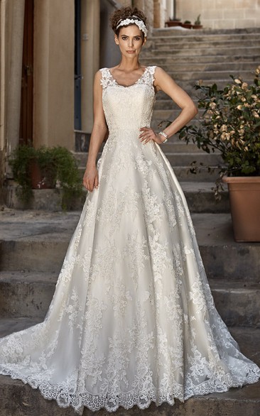 A-Line Sleeveless V-Neck Long Appliqued Lace Wedding Dress