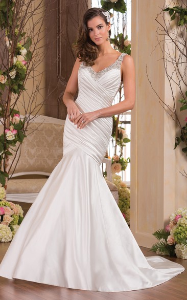 Sleeveless V-Neck Mermaid Wedding Dress With Asymmetrical Ruching And Jewels