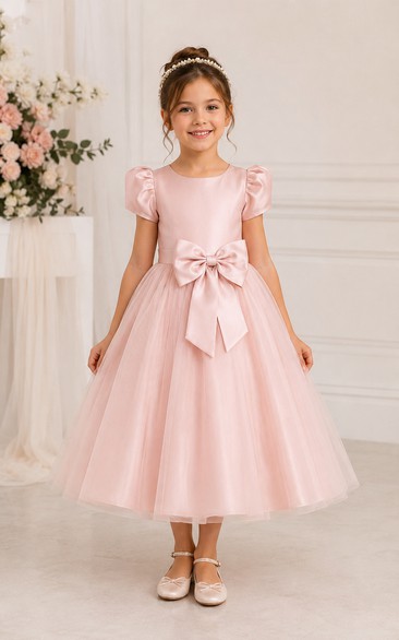 Blushing Pink Tea-Length A-Line Satin Flower Girl Dress with Bow Sash