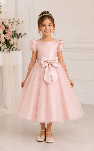 Blushing Pink Tea-Length A-Line Satin Flower Girl Dress with Bow Sash