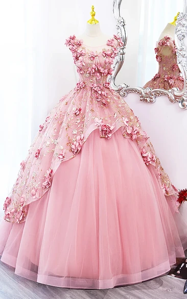 Pink Floral Ball Gown with Tulle Skirt