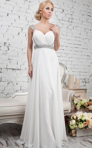 Sheath Cap-Sleeve Floor-Length Beaded Chiffon Wedding Dress With Ruching