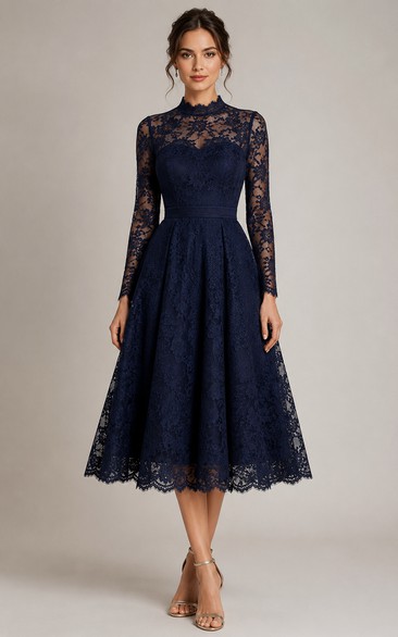 Dark Navy High Neck Long Sleeve Lace Tea-length A-Line Dress
