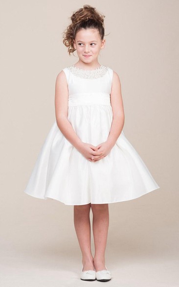 Jewel Tea-Length Pleated Tiered Satin Flower Girl Dress With Sash