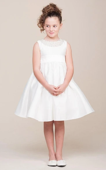 Jewel Tea-Length Pleated Tiered Satin Flower Girl Dress With Sash