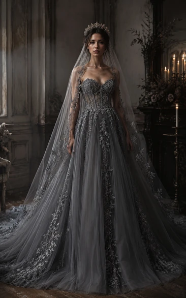 Steel Grey Lace Applique Tulle A-Line Wedding Dress