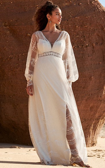 Boho V-neck Tulle Illusion Long Sleeve Wedding Dress with Front Split and Low-v Back