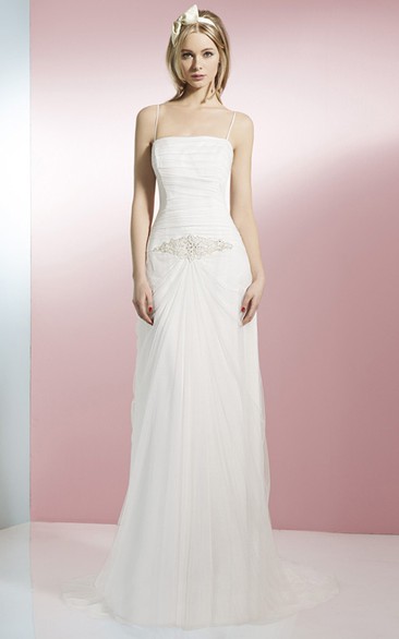 Sleeveless Spaghetti Jeweled Long Wedding Dress With Low-V Back And Draping