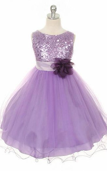 Floral Tea-Length Floral Sequins&Satin Flower Girl Dress With Sash