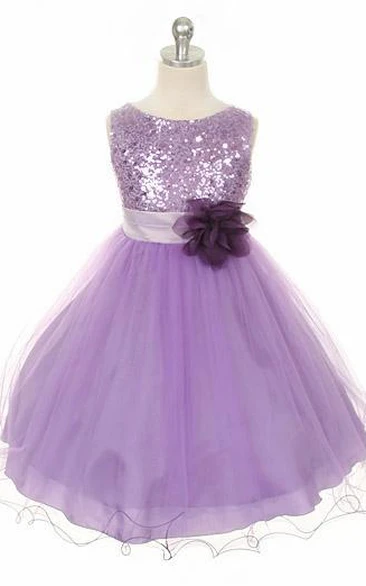 Floral Tea-Length Floral Sequins&Satin Flower Girl Dress With Sash